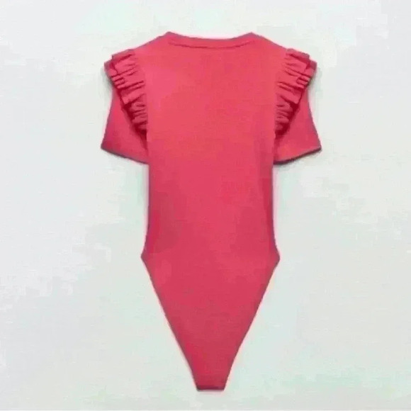 Zara Ruffle Sleeve Hot Pink Bodysuit Barbie Barbiecore size S Crew neck - Picture 5 of 11